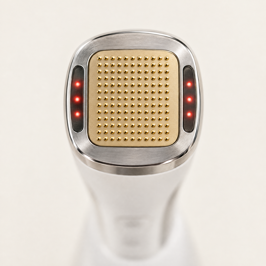 Top-down view of the 144-electrode gold plate and red LED contact indicators