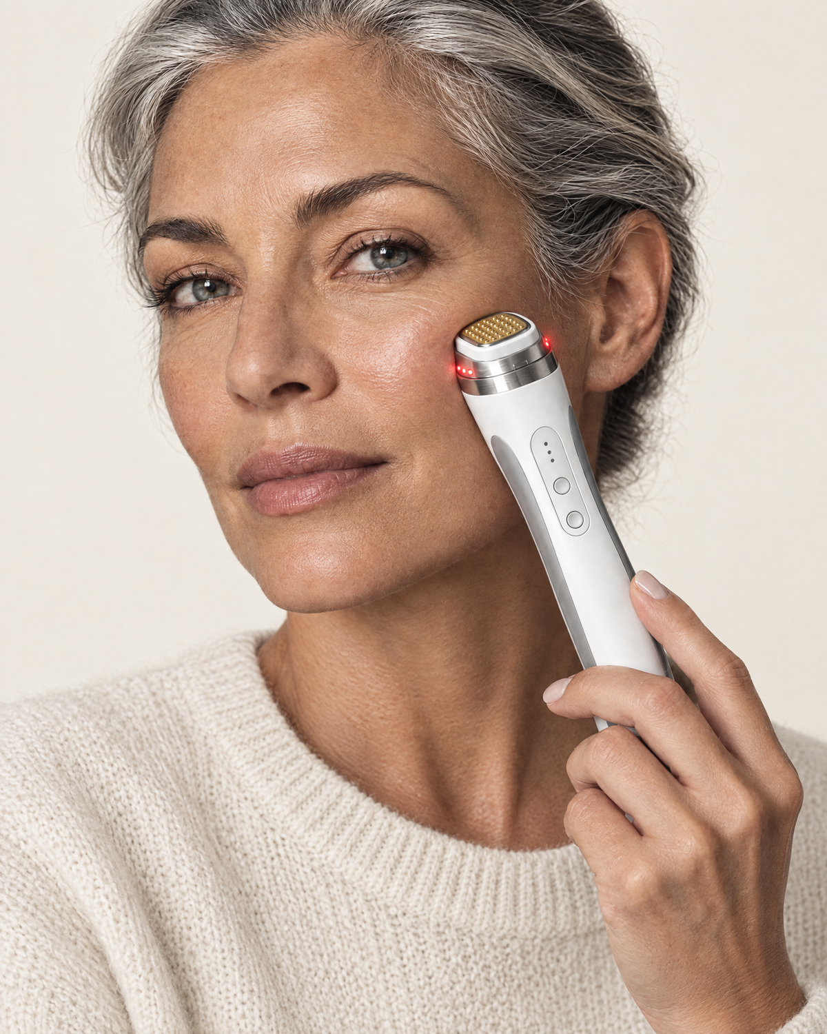 Woman in her 50s treating her cheekbone with the Sonaveil Eclipse