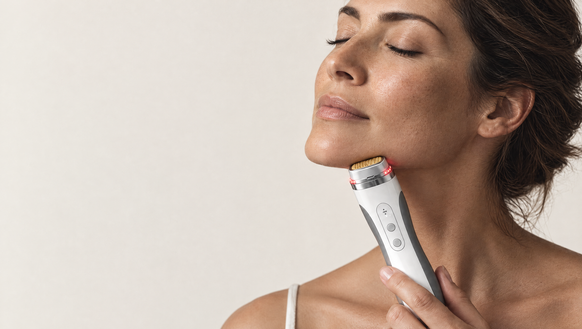 Woman treating her jawline with the Sonaveil Eclipse